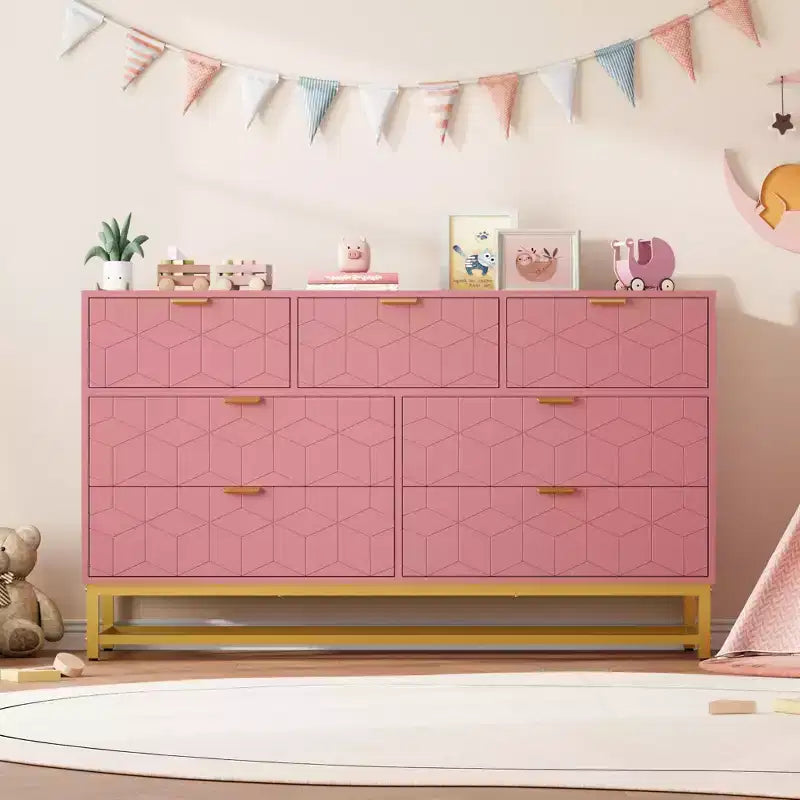 Commode moderne rose à 7 tiroirs avec accents dorés, pour chambre à coucher, salon, grande armoire de rangement anti-basculement
