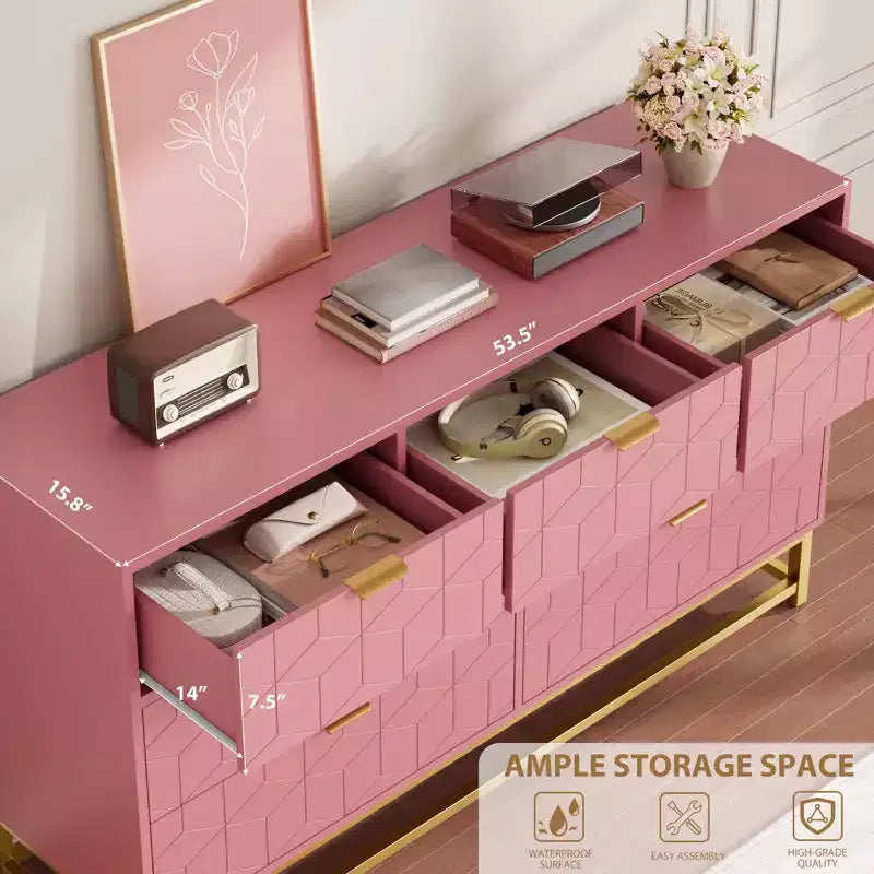 Commode moderne rose à 7 tiroirs avec accents dorés, pour chambre à coucher, salon, grande armoire de rangement anti-basculement