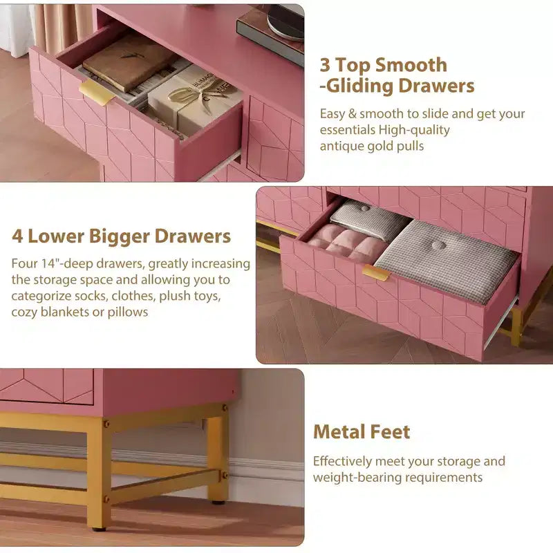 Commode moderne rose à 7 tiroirs avec accents dorés, pour chambre à coucher, salon, grande armoire de rangement anti-basculement