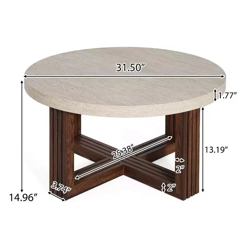 Table basse ronde moderne avec plateau à motif marbre et piètement croisé
