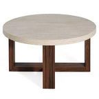 Table basse ronde moderne avec plateau à motif marbre et piètement croisé