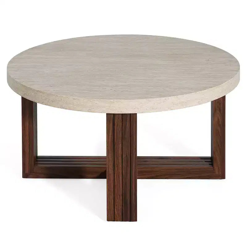Table basse ronde moderne avec plateau à motif marbre et piètement croisé