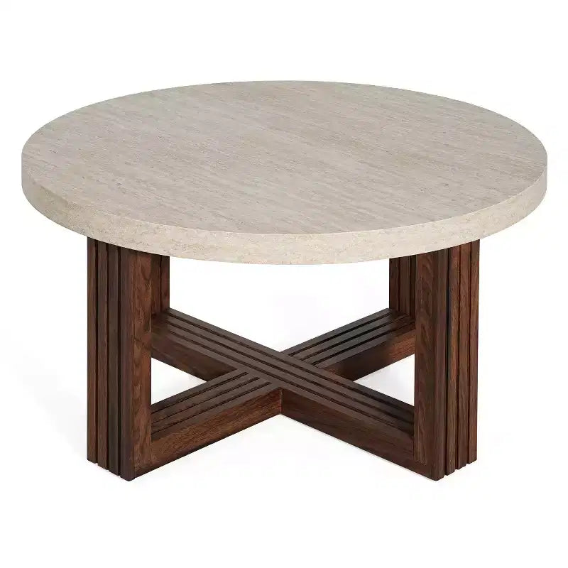Table basse ronde moderne avec plateau à motif marbre et piètement croisé