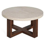 Table basse ronde moderne avec plateau à motif marbre et piètement croisé