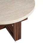 Table basse ronde moderne avec plateau à motif marbre et piètement croisé