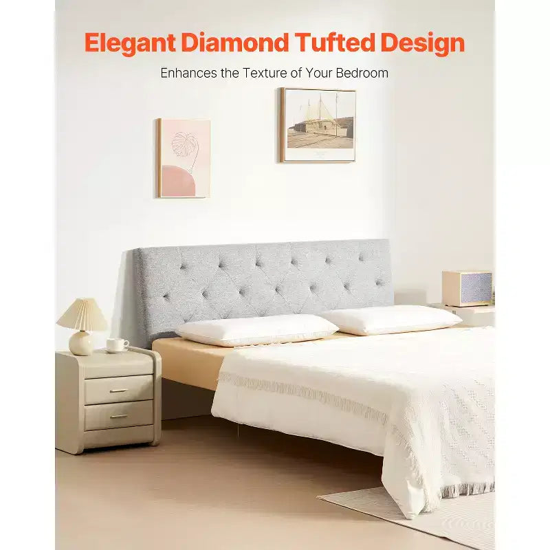 Tête de lit, Tête de lit pleine grandeur à hauteur réglable, capitonnée de losanges confortables pour lit double, L 56,3 x H 35,6-47,4 pouces, gris clair