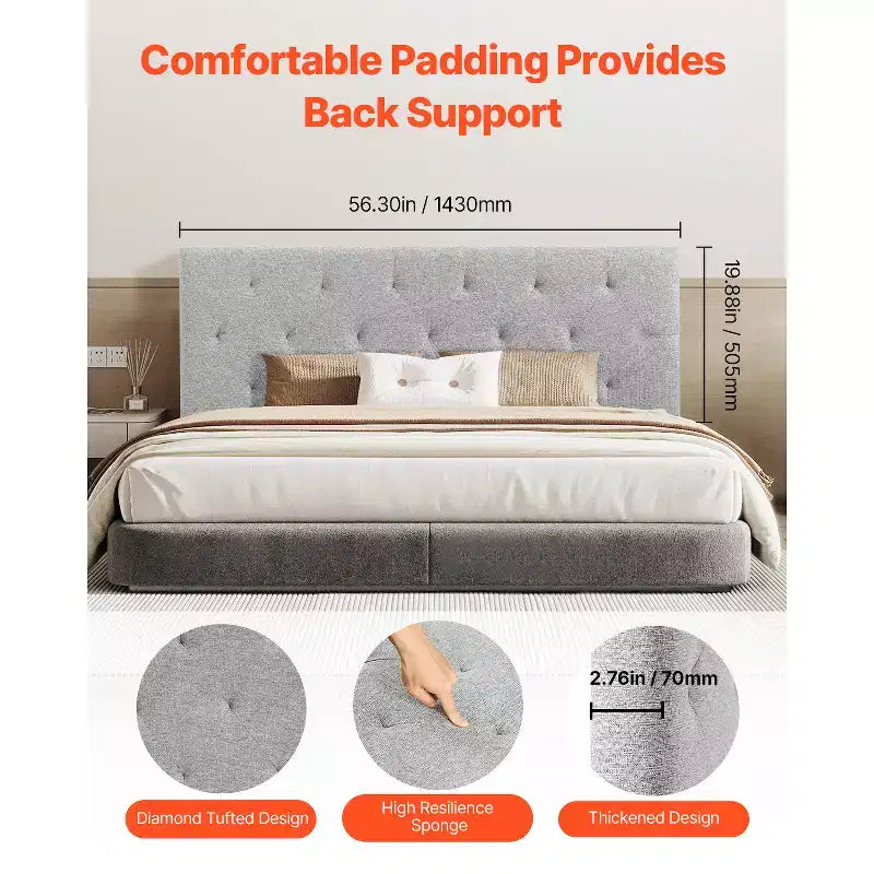 Tête de lit, Tête de lit pleine grandeur à hauteur réglable, capitonnée de losanges confortables pour lit double, L 56,3 x H 35,6-47,4 pouces, gris clair