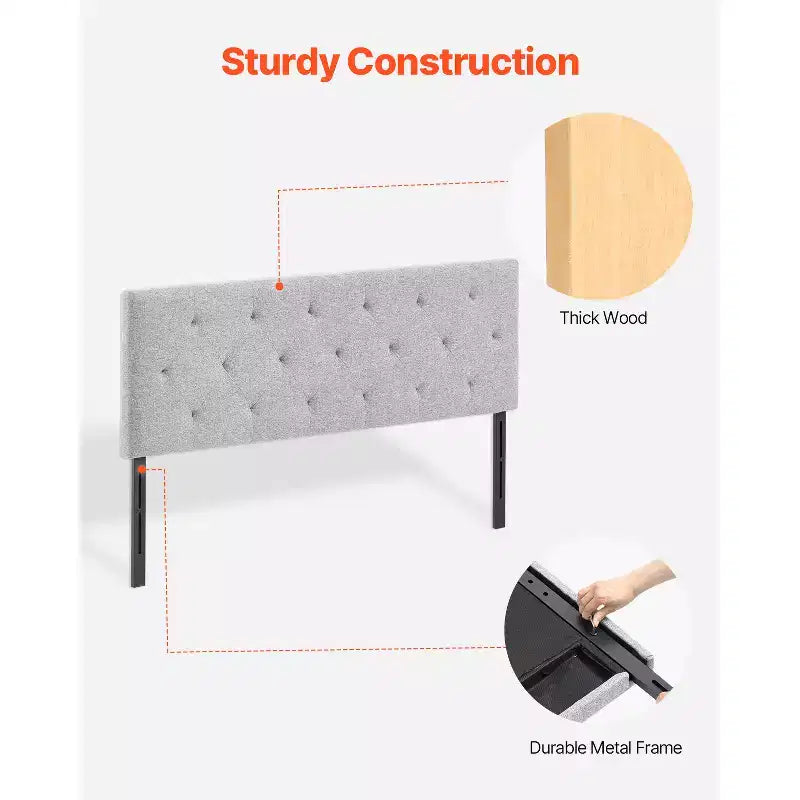 Tête de lit, Tête de lit pleine grandeur à hauteur réglable, capitonnée de losanges confortables pour lit double, L 56,3 x H 35,6-47,4 pouces, gris clair