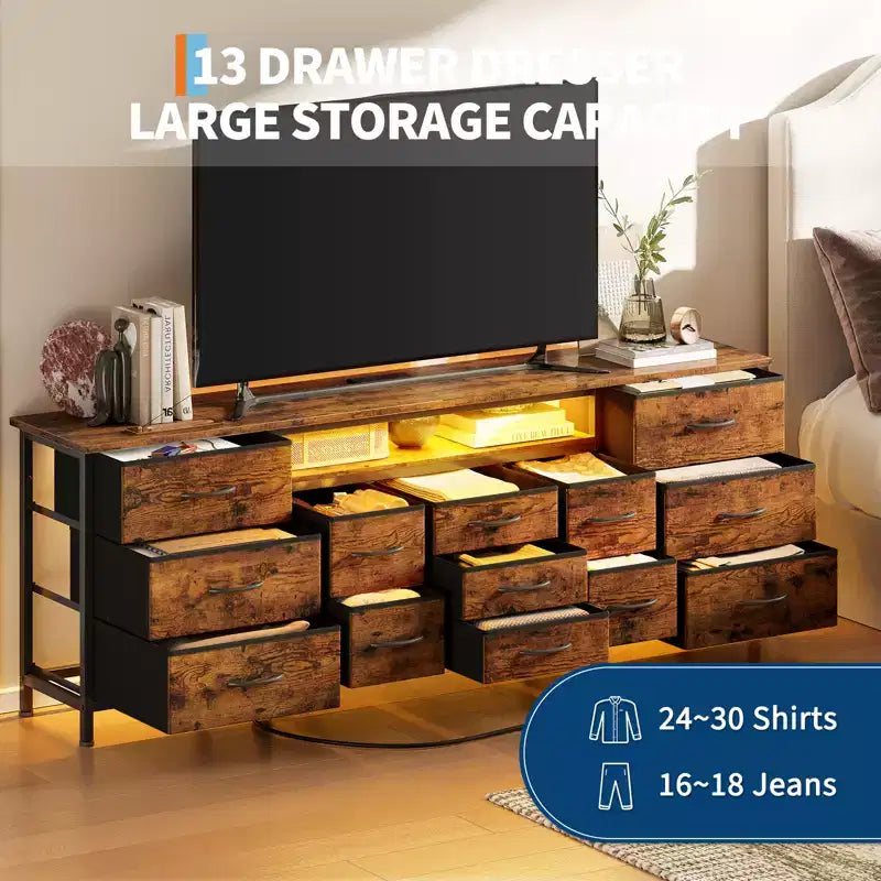 Commode à 13 tiroirs en tissu pour chambre à coucher, meuble TV long avec prise de courant et lumière LED
