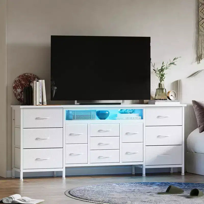 Commode à 13 tiroirs en tissu pour chambre à coucher, meuble TV long avec prise de courant et lumière LED
