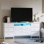 Commode à 13 tiroirs en tissu pour chambre à coucher, meuble TV long avec prise de courant et lumière LED