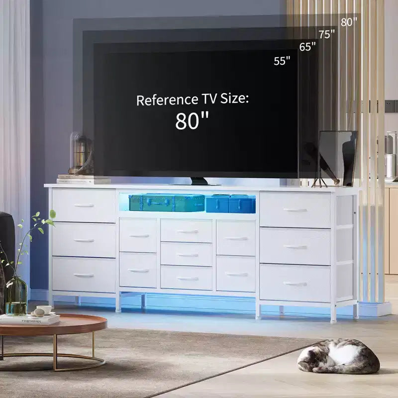 Commode à 13 tiroirs en tissu pour chambre à coucher, meuble TV long avec prise de courant et lumière LED