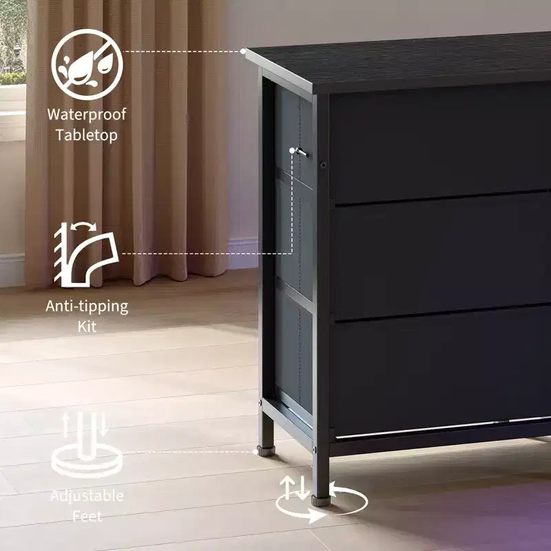 Commode à 13 tiroirs en tissu pour chambre à coucher, meuble TV long avec prise de courant et lumière LED