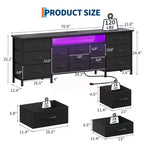 Commode à 13 tiroirs en tissu pour chambre à coucher, meuble TV long avec prise de courant et lumière LED