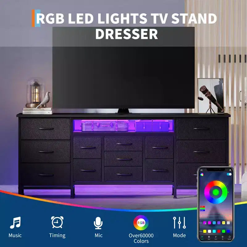 Commode à 13 tiroirs en tissu pour chambre à coucher, meuble TV long avec prise de courant et lumière LED