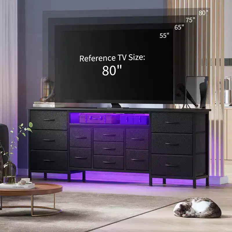 Commode à 13 tiroirs en tissu pour chambre à coucher, meuble TV long avec prise de courant et lumière LED