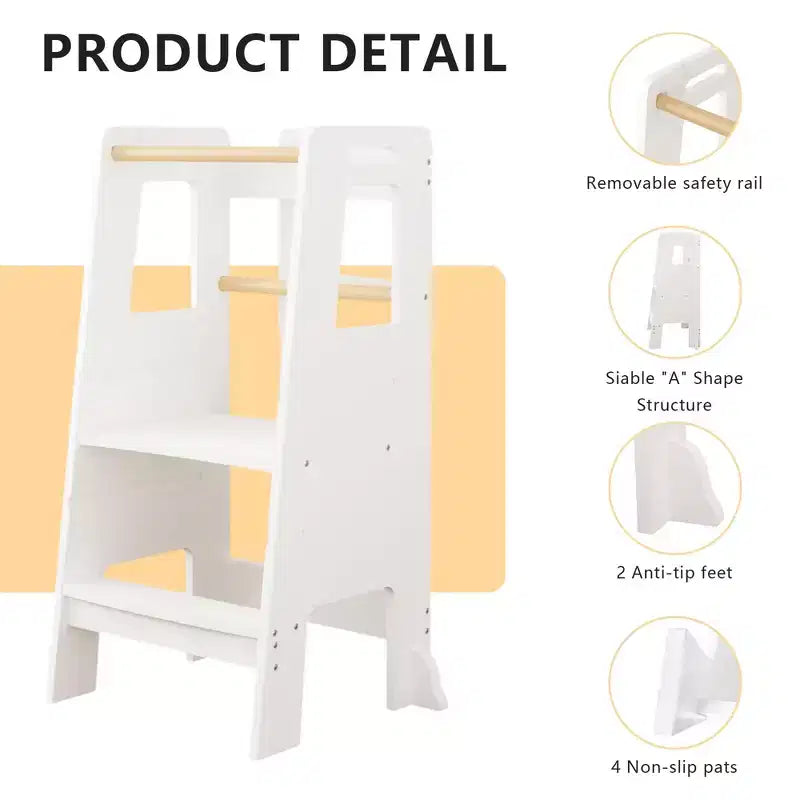Tour d'apprentissage pour enfants, tabouret de cuisine, tabouret en bois pour tout-petits - Hauteur réglable, pour la cuisine, blanc