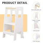 Tour d'apprentissage pour enfants, tabouret de cuisine, tabouret en bois pour tout-petits - Hauteur réglable, pour la cuisine, blanc