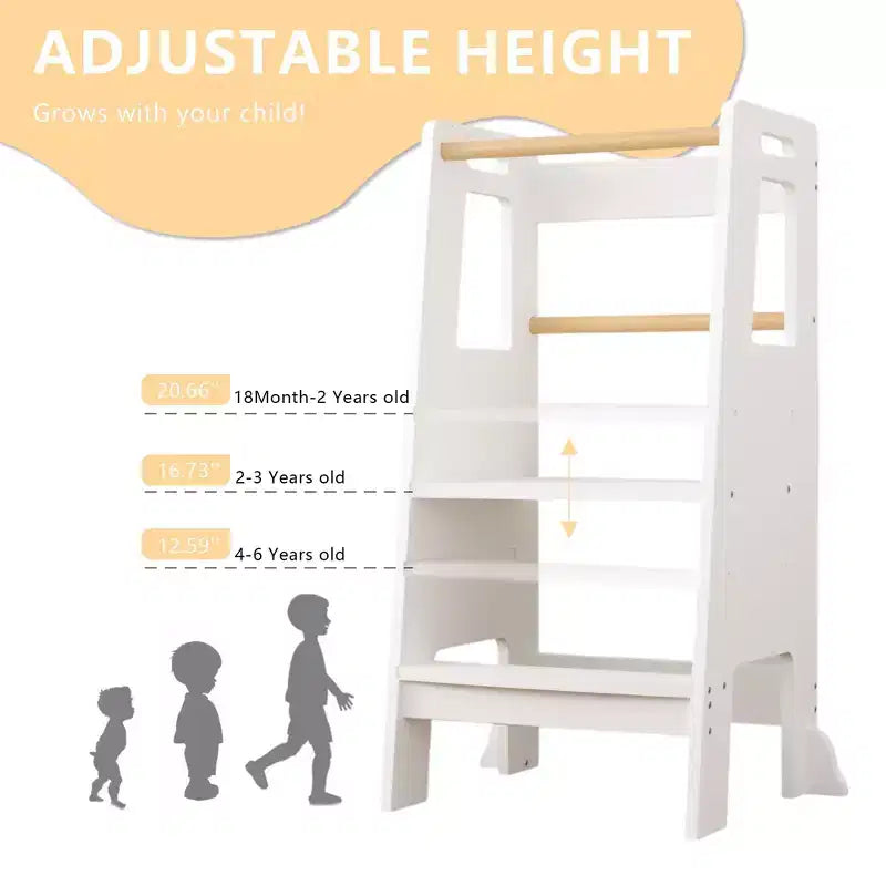 Tour d'apprentissage pour enfants, tabouret de cuisine, tabouret en bois pour tout-petits - Hauteur réglable, pour la cuisine, blanc