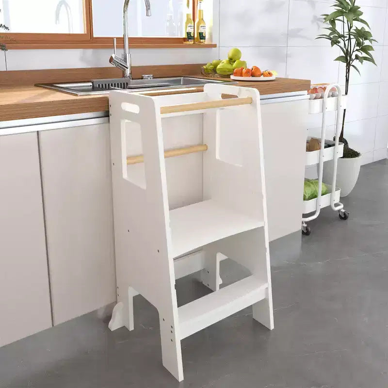 Tour d'apprentissage pour enfants, tabouret de cuisine, tabouret en bois pour tout-petits - Hauteur réglable, pour la cuisine, blanc