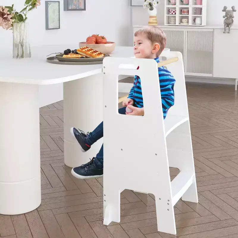Tour d'apprentissage pour enfants, tabouret de cuisine, tabouret en bois pour tout-petits - Hauteur réglable, pour la cuisine, blanc