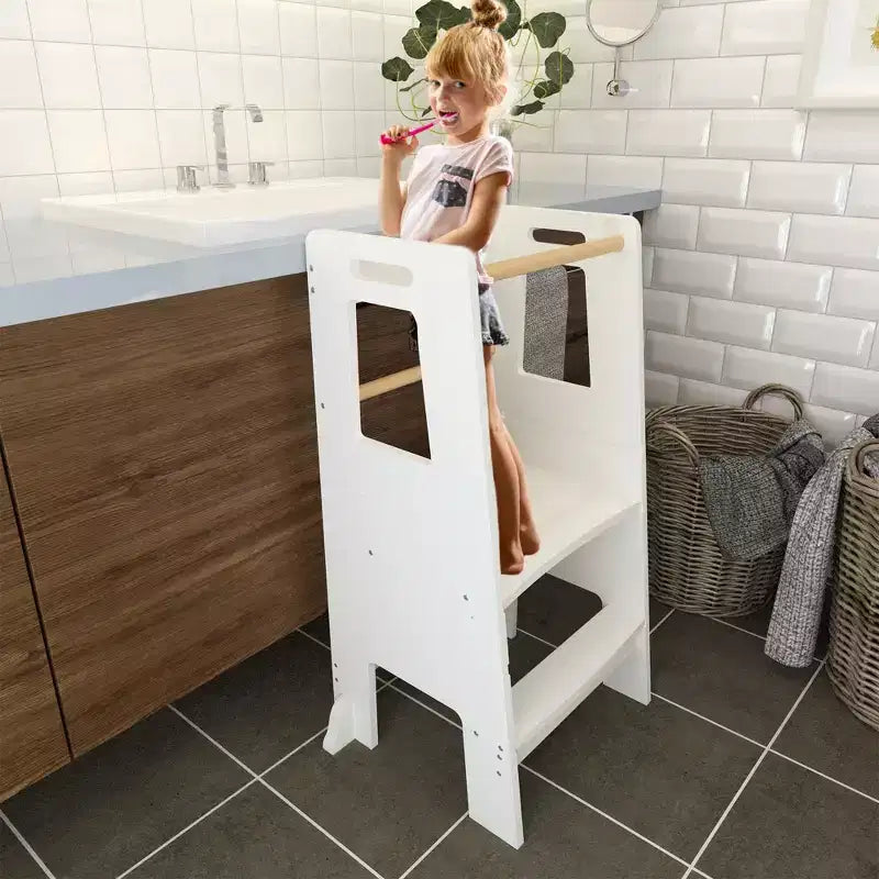 Tour d'apprentissage pour enfants, tabouret de cuisine, tabouret en bois pour tout-petits - Hauteur réglable, pour la cuisine, blanc