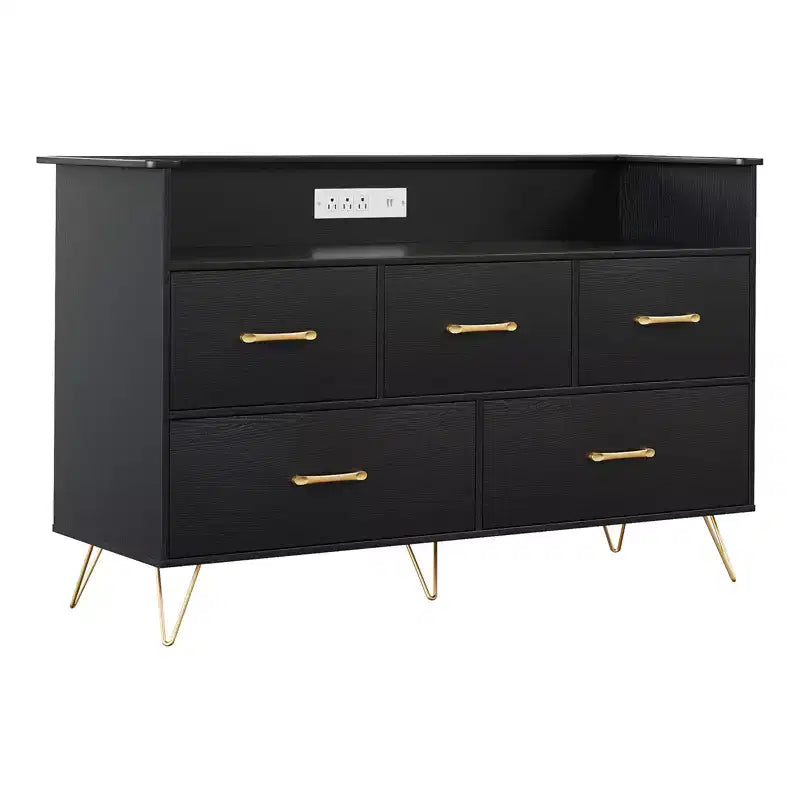 Commode à 5 tiroirs pour chambre à coucher, commode moderne avec lumières LED et station de recharge, organisateur de rangement de vêtements compact en bois