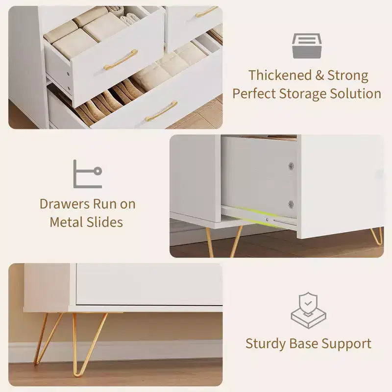 Commode à 5 tiroirs pour chambre à coucher, commode moderne avec lumières LED et station de recharge, organisateur de rangement de vêtements compact en bois