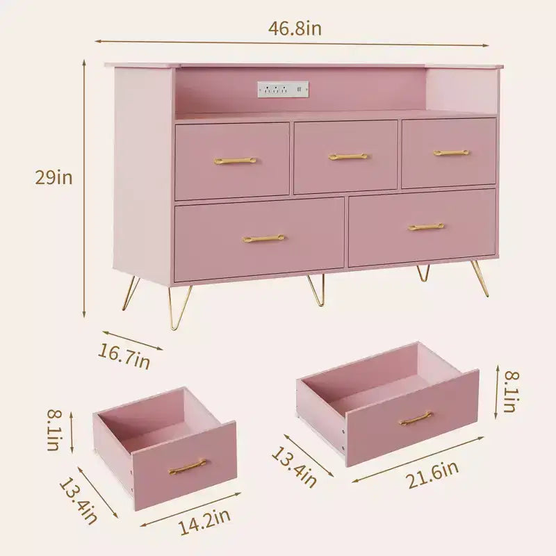Commode à 5 tiroirs pour chambre à coucher, commode moderne avec lumières LED et station de recharge, organisateur de rangement de vêtements compact en bois
