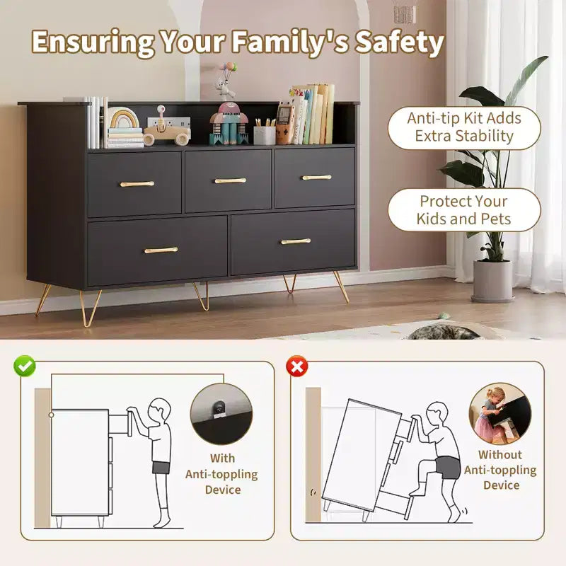 Commode à 5 tiroirs pour chambre à coucher, commode moderne avec lumières LED et station de recharge, organisateur de rangement de vêtements compact en bois