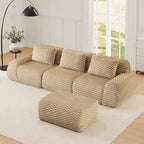 Canapé modulable en forme de L en flanelle 3 places, pouf à boucle, aucun assemblage requis, couleur camel clair