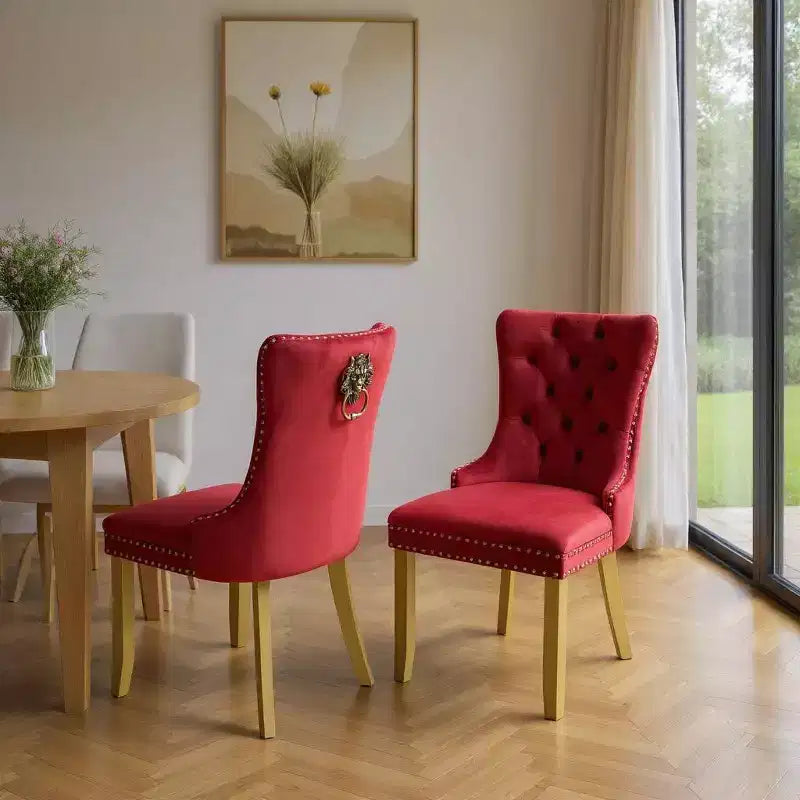 2 chaises de salle à manger latérales en velours touffeté rouge et doré et bois massif