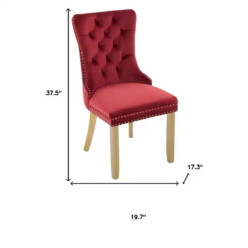 2 chaises de salle à manger latérales en velours touffeté rouge et doré et bois massif