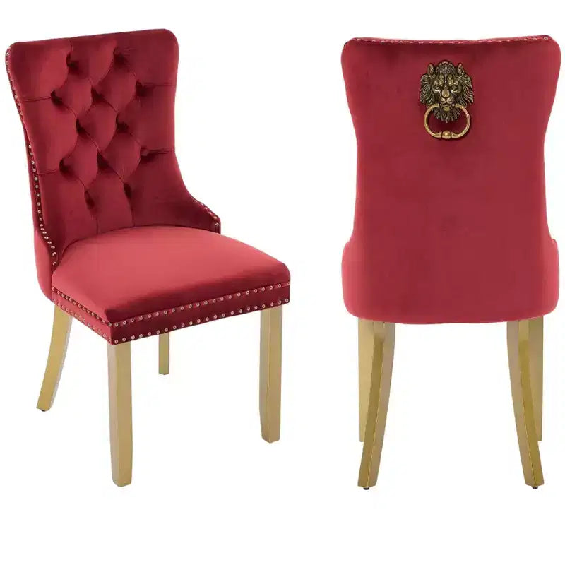 2 chaises de salle à manger latérales en velours touffeté rouge et doré et bois massif