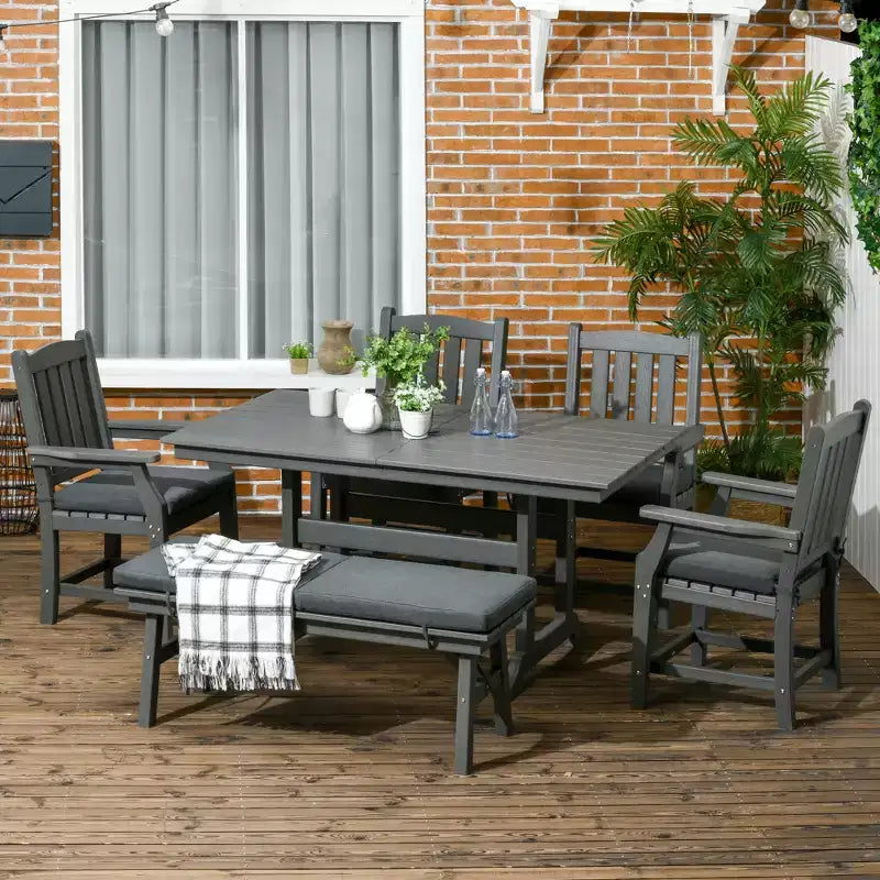 Ensemble de salle à manger de patio 6 pièces, table et chaises d'extérieur 6 places, mobilier de conversation, accoudoirs, banquette deux places, table à manger avec trou pour parasol