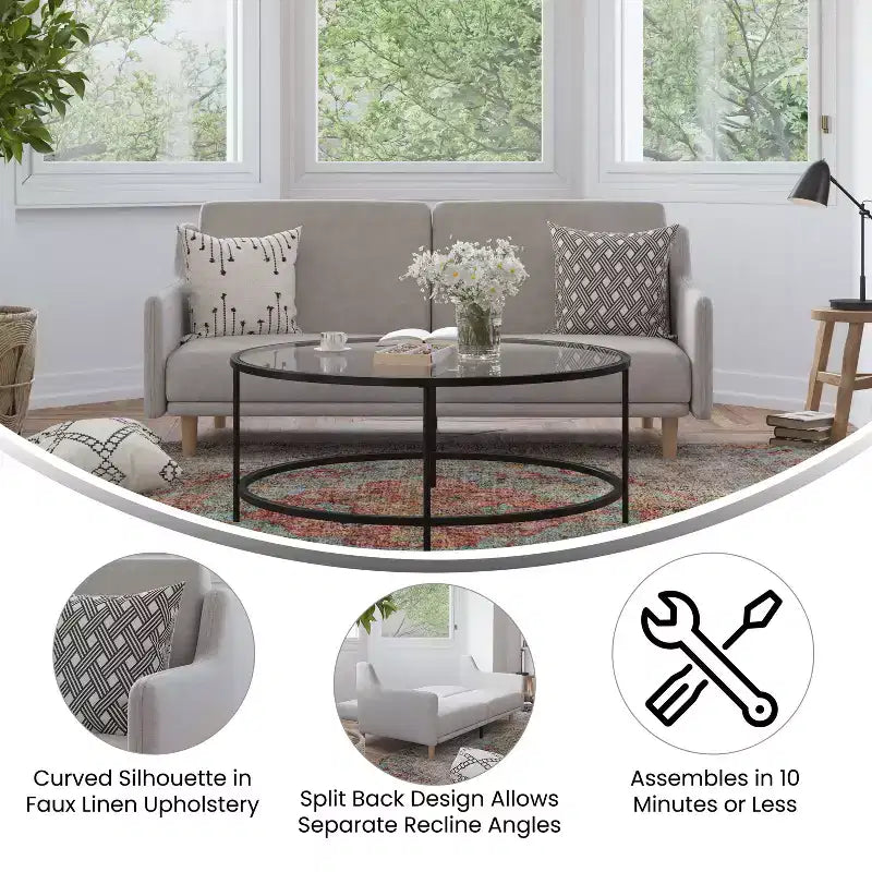 Canapé futon moderne du milieu du siècle à dossier divisé avec 3 positions d'inclinaison