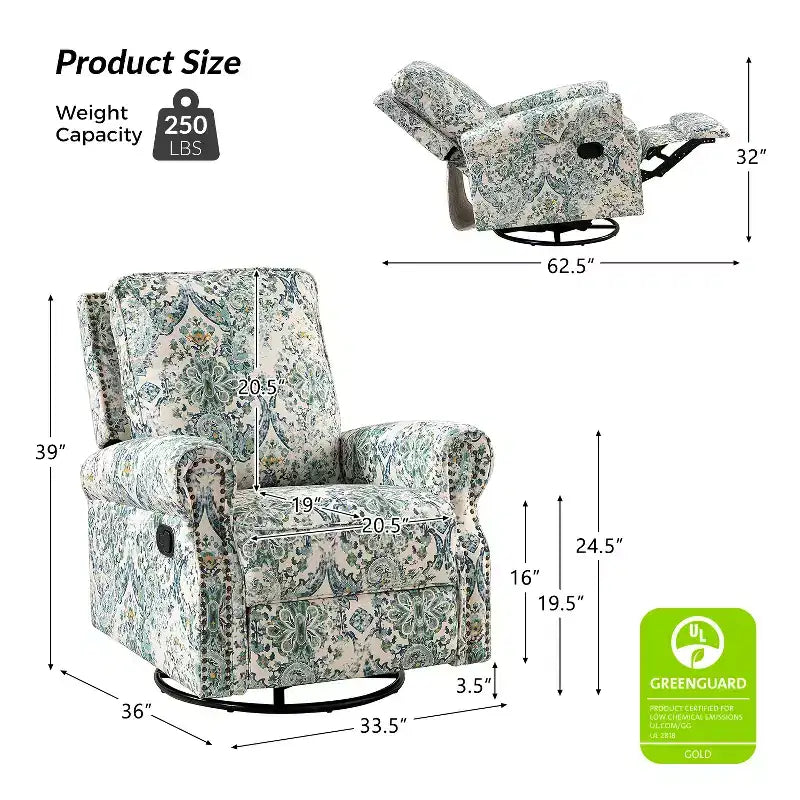 Fauteuil inclinable, pivotant et coulissant manuel avec clous décoratifs pour salon