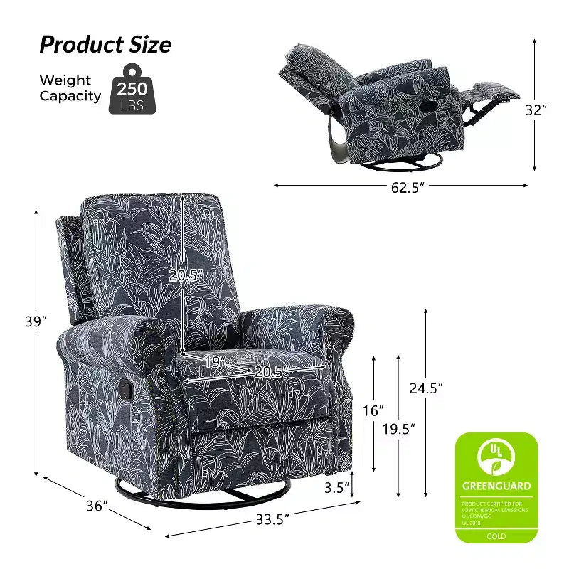 Fauteuil inclinable, pivotant et coulissant manuel avec clous décoratifs pour salon