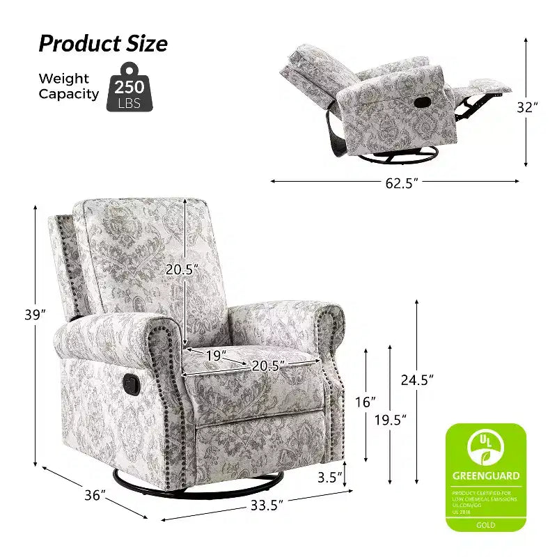 Fauteuil inclinable, pivotant et coulissant manuel avec clous décoratifs pour salon